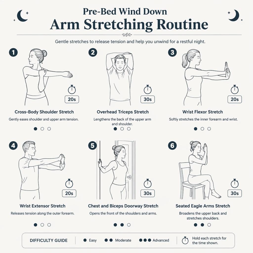 Minimal monochrome infographic with 6 numbered arm stretches, hold times, benefits, difficulty dots, standing and seated poses.