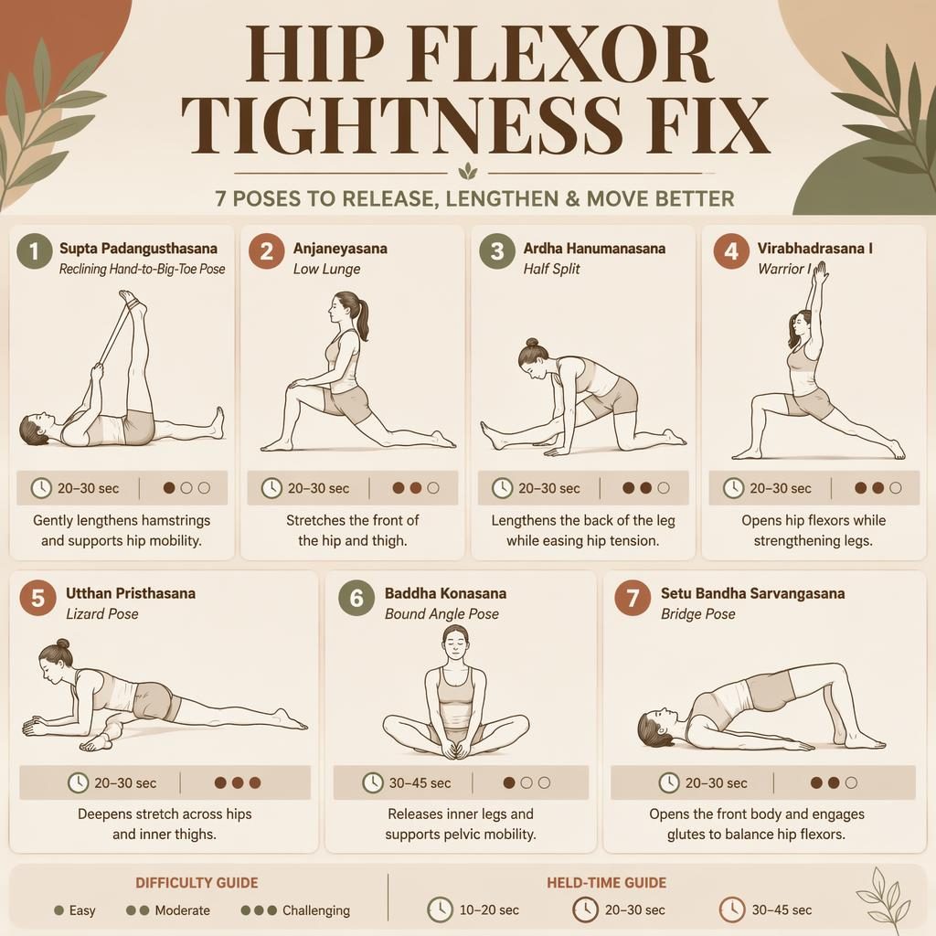 Fitness infographic with 7 numbered hip flexor and leg stretches, line-drawn figures, hold times, benefits, and difficulty dots.
