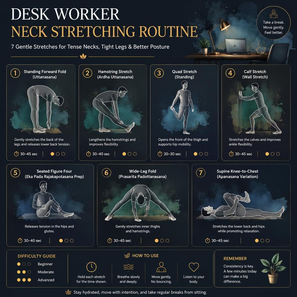 Dark mode infographic with 7 gentle desk worker stretches, line-drawn figures, hold times, benefits, and difficulty dots.