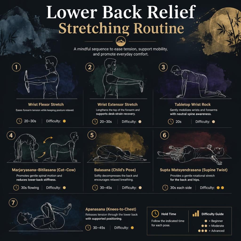 Dark mode watercolor infographic with 7 numbered stretching poses for lower back relief, wrists and forearms, with labels and hold times.