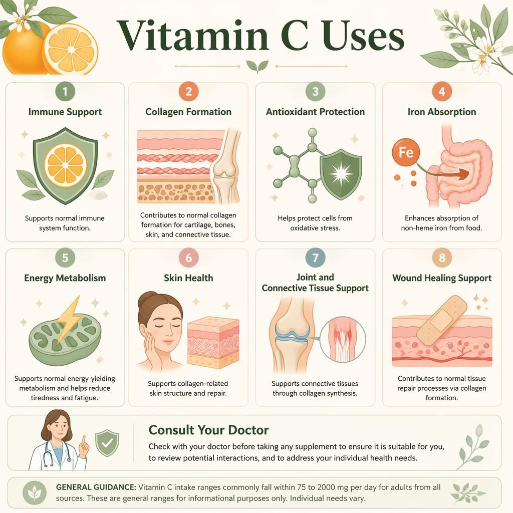 Pastelová infografika s mřížkou 8 karet Vitamin C Uses, ikonami přínosů, boxem Consult Your Doctor a footerem.