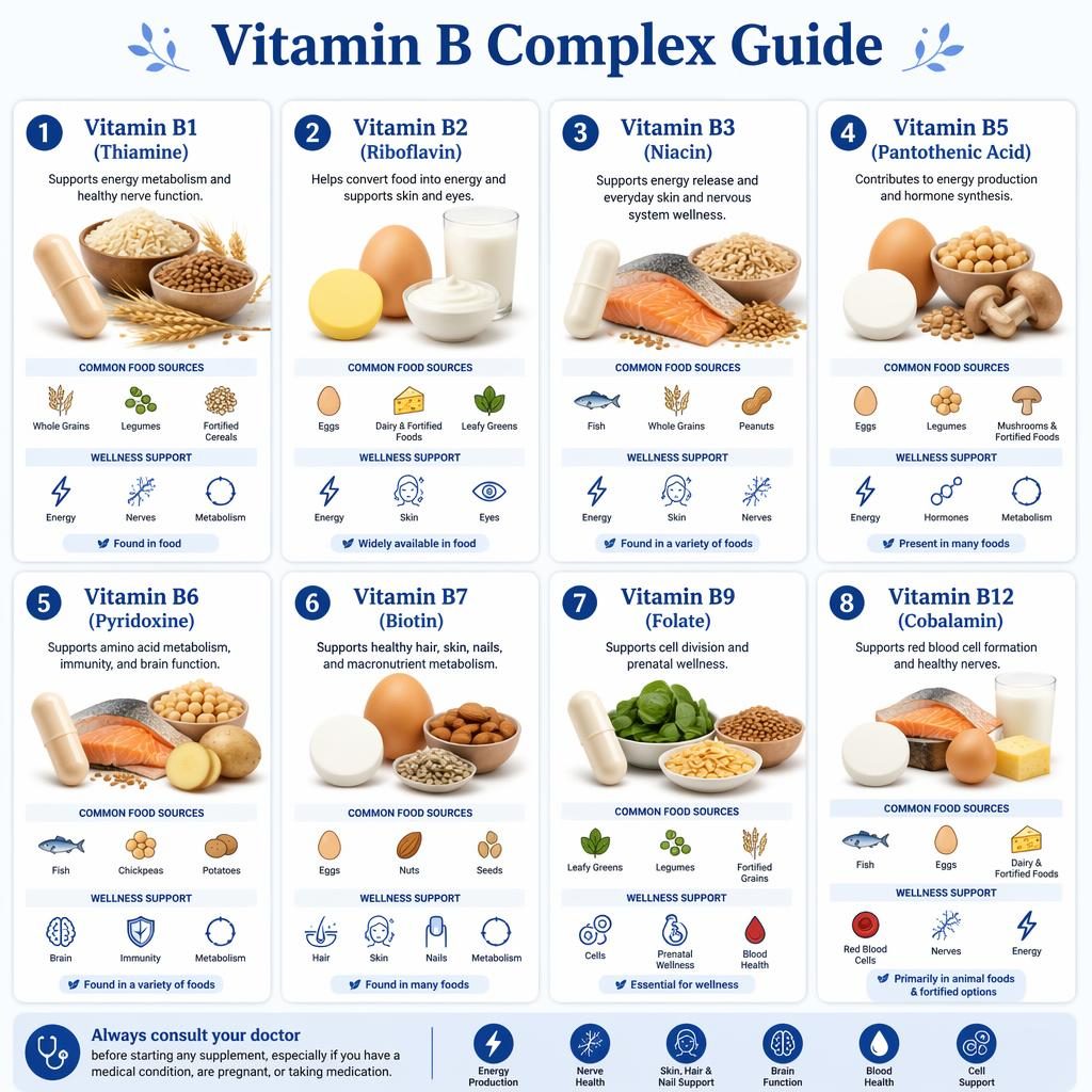 Infografik im Kartenraster zu Vitamin B mit 8 Karten, Icons, Kapseln, Tabletten und Lebensmitteln in Weiß und Blau.