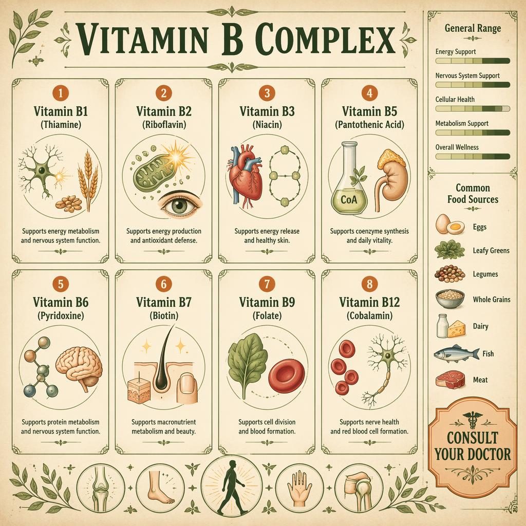 Vintage infografika Vitamin B Complex s 8 kartami vitaminů B, ikonami, bočním panelem a výzvou Consult Your Doctor.