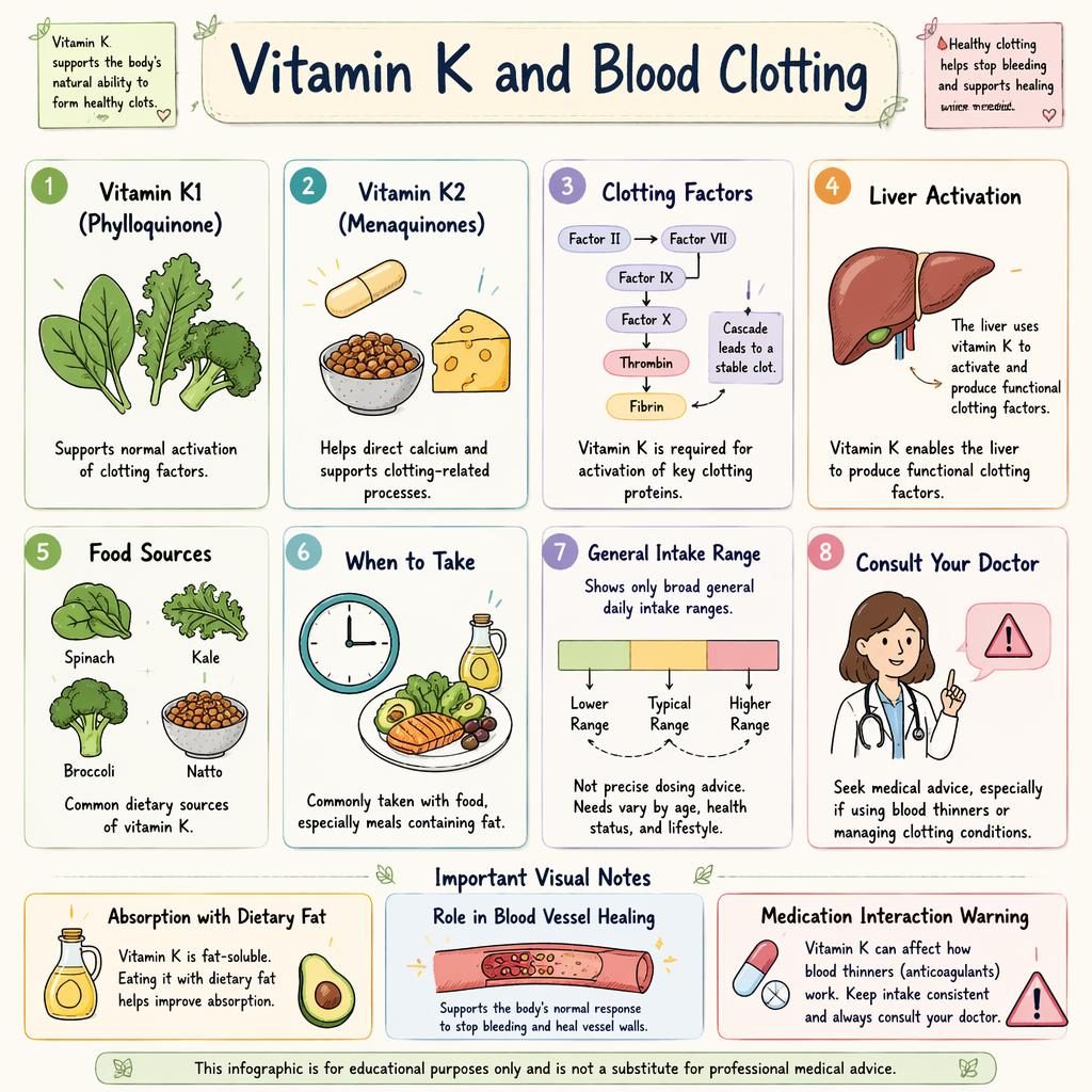 8-card pastel infographic on vitamin K and blood clotting with icons for K1, K2, liver, foods, timing, intake range, and doctor advice.