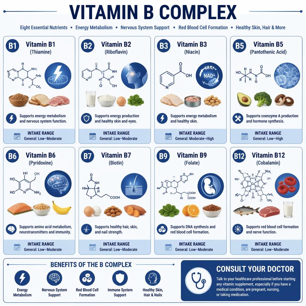 Infographie en grille de 8 cartes sur le complexe vitamine B, style clinique bleu et blanc, avec icônes santé et panneau Consult your doctor.