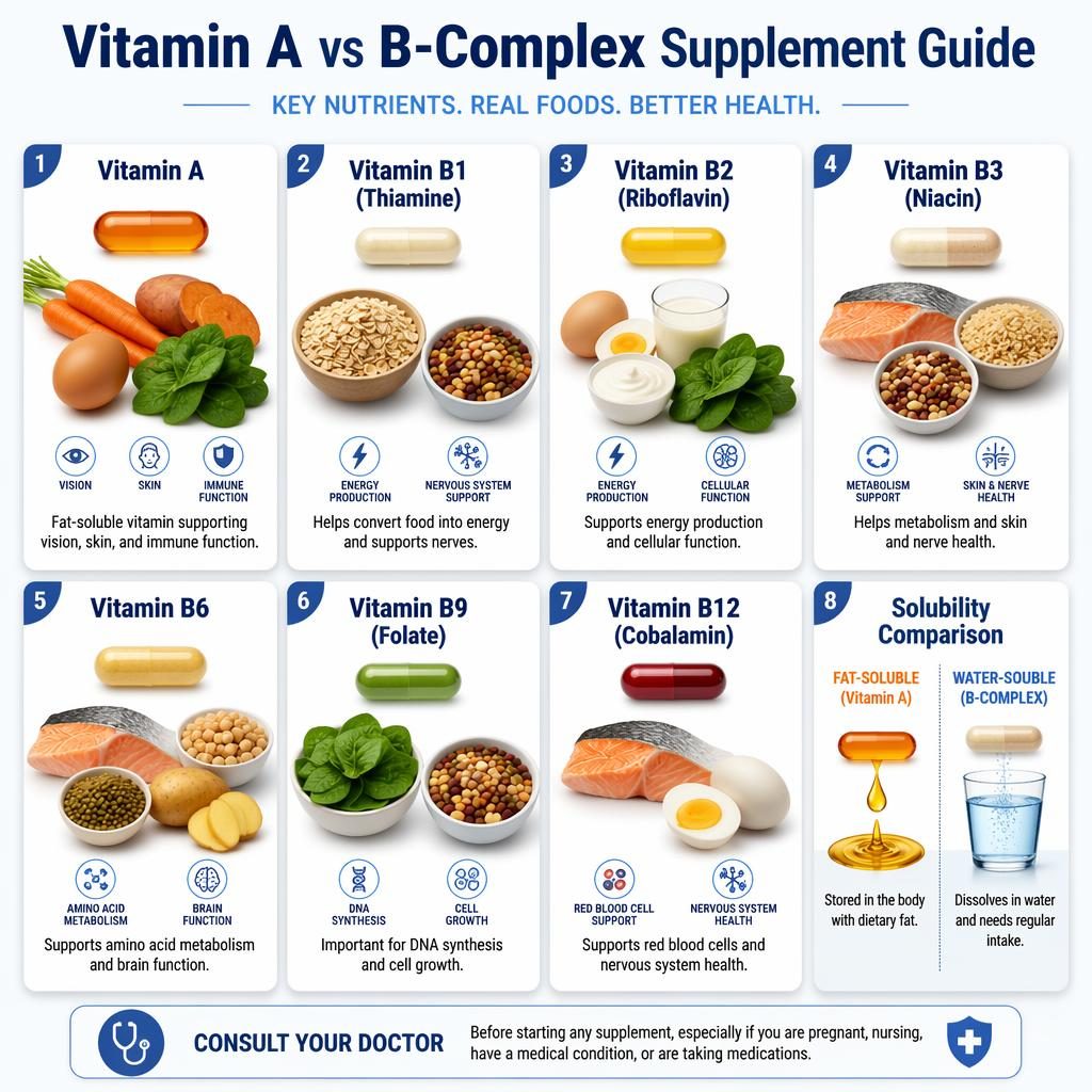Infografik mit 8 Karten zu Vitamin A und B-Komplex, Kapseln, Lebensmitteln, Icons und Löslichkeitsvergleich in Weiß-Blau.