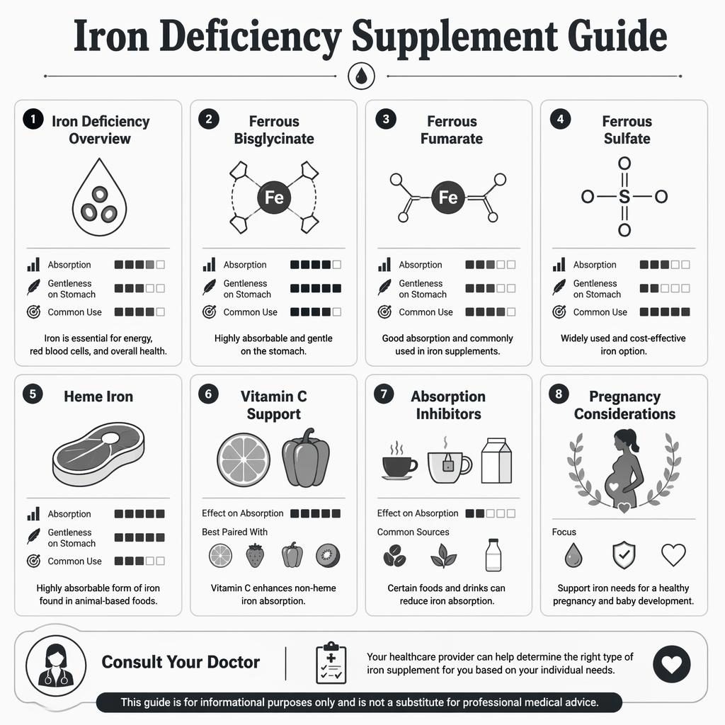 Černobílá infografika s 8 kartami o formách železa, vstřebávání, vitaminu C, inhibitorech a těhotenství.