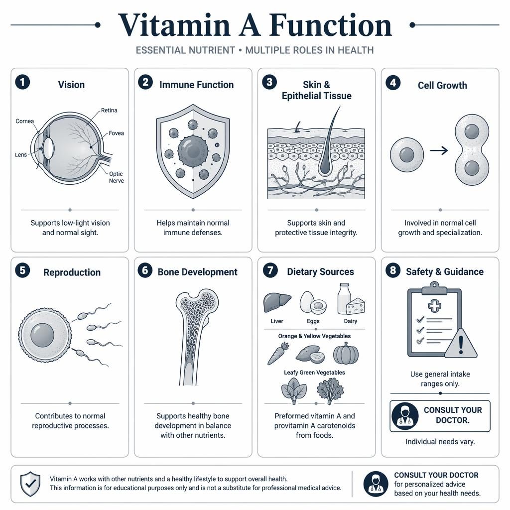 Infografía en cuadrícula con 8 tarjetas sobre la función de la vitamina A, estilo farmacéutico clínico y monocromo.
