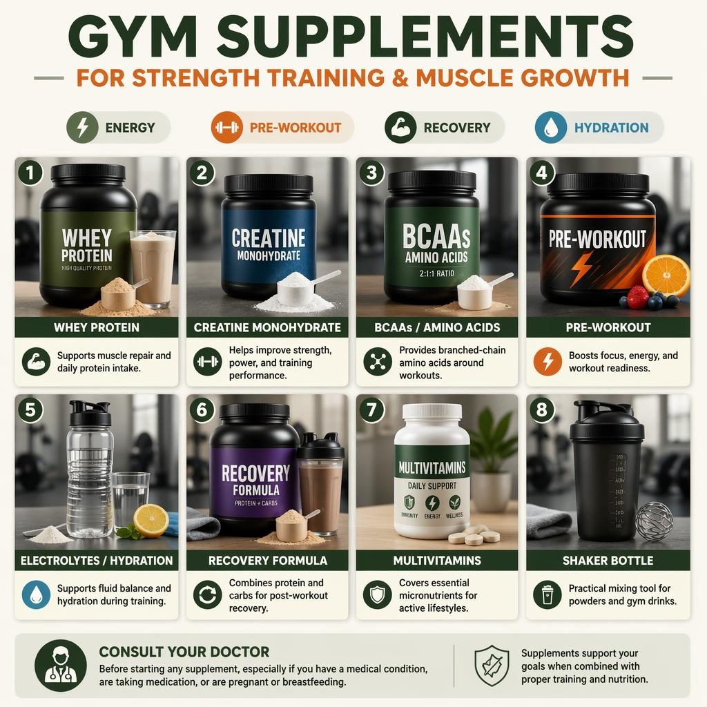 Infografika z 8 kartami suplementów fitness: białko, kreatyna, BCAA, pre-workout, elektrolity, recovery, witaminy i shaker.