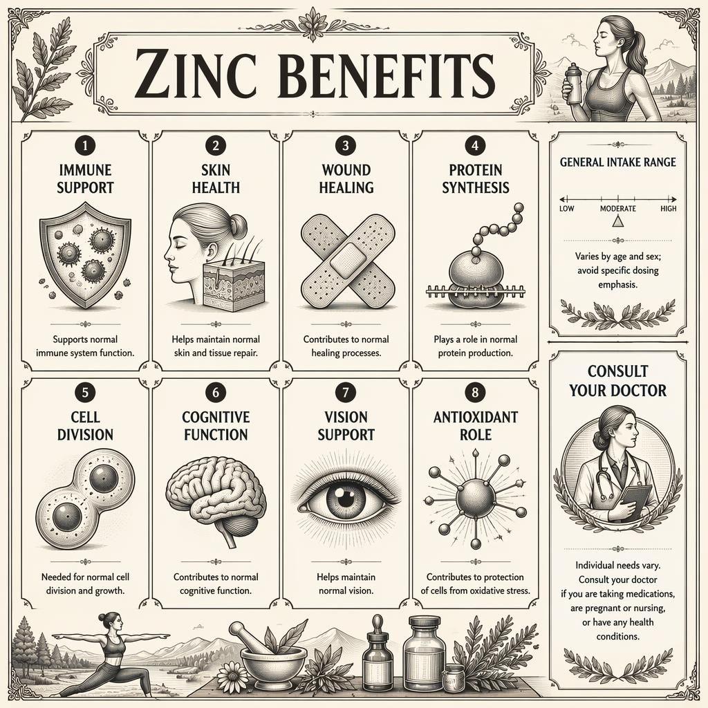 Infografika Zinc Benefits s 8 kartami přínosů zinku, vintage lékárnický styl, boční panely intake range a consult your doctor.
