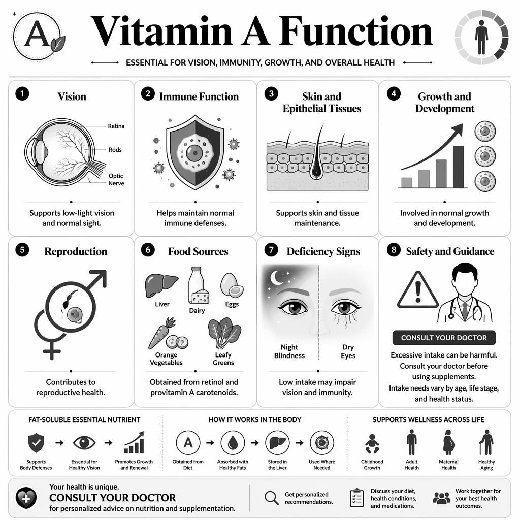 Monochrome Vitamin A Function infographic with 8 cards on vision, immunity, skin, growth, reproduction, sources, deficiency, safety.