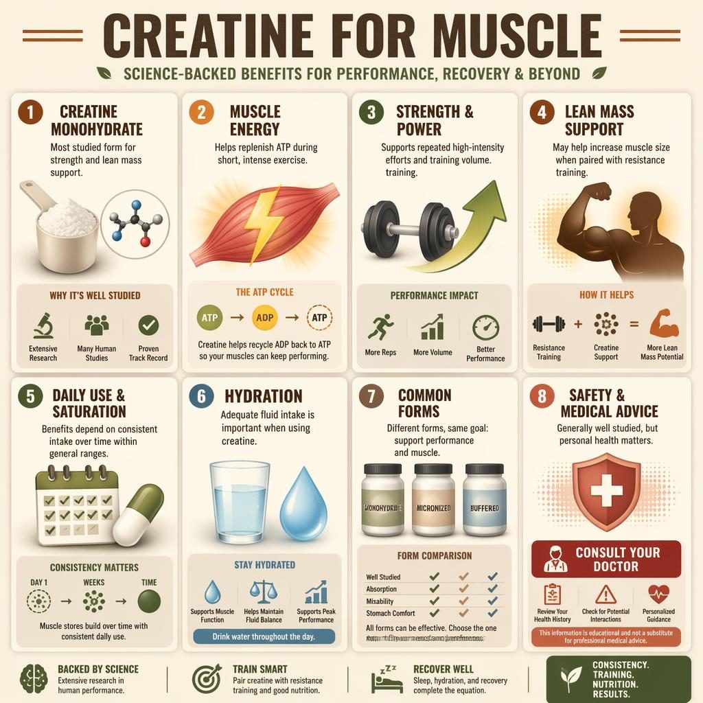 Infografika s mřížkou 8 karet „Creatine for Muscle“, ikony kreatinu, síly, hydratace, forem a výzva consult your doctor.