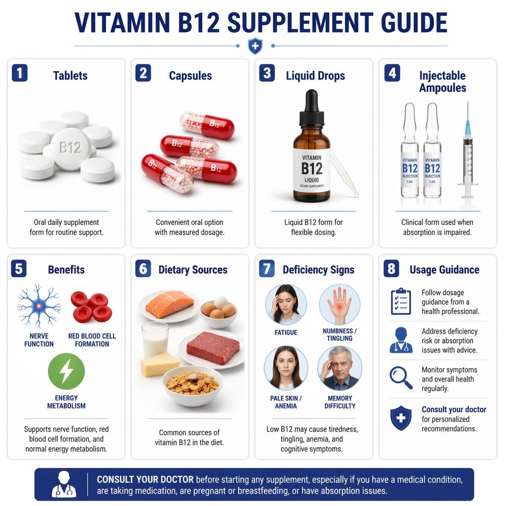 Infografika vit B12 z siatką 8 kart o tabletkach, kapsułkach, kroplach, ampułkach, korzyściach i źródłach