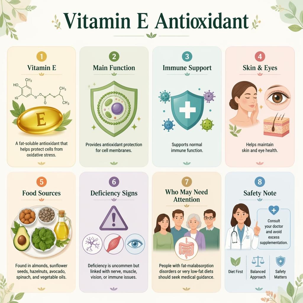 Pastel wellness infographic with 8 rounded cards on Vitamin E antioxidant, covering function, immune support, skin, eyes, foods, deficiency, safety.
