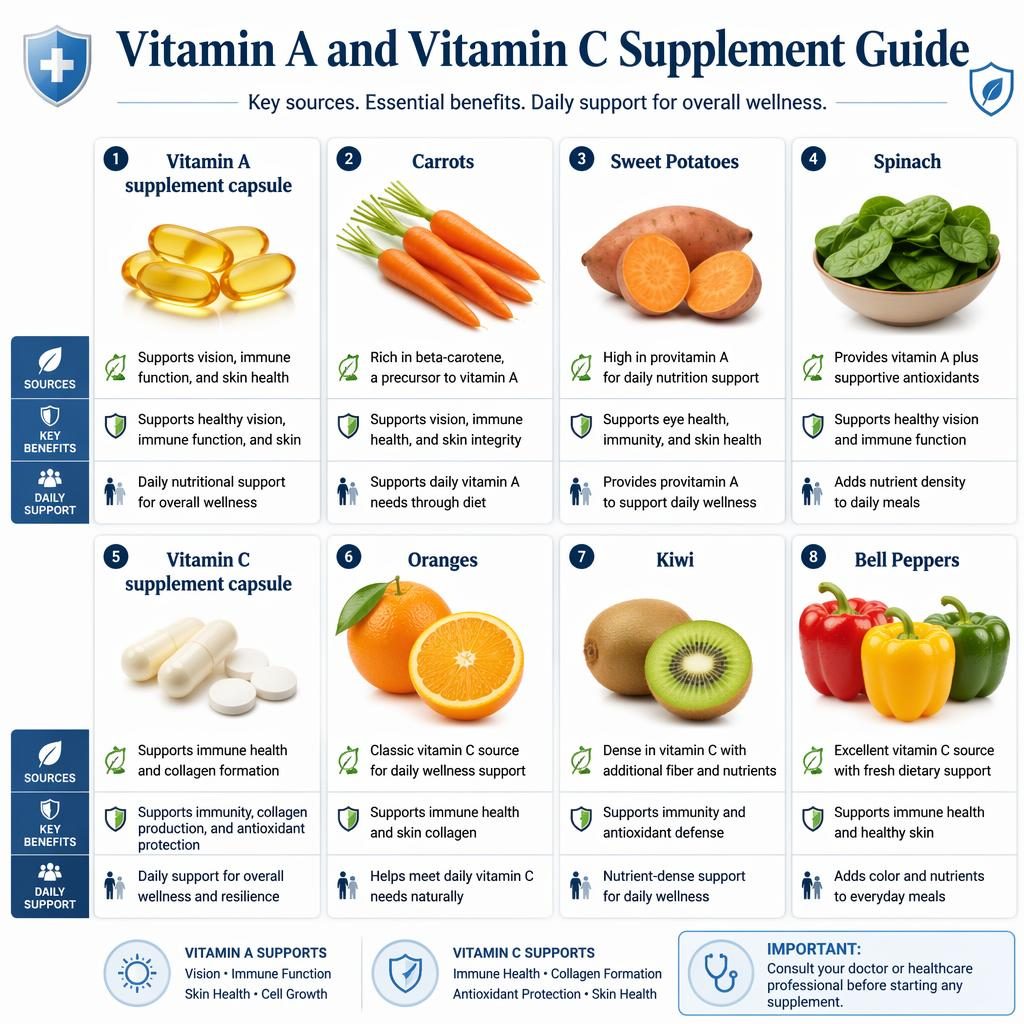 Raster-Infografik mit 8 Karten zu Vitamin A und Vitamin C, Kapseln, Karotten, Orangen, Kiwi und Paprika in Weiß-Blau.