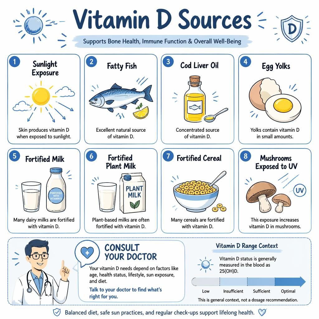 Infografika s mřížkou 8 karet zdrojů vitaminu D v bílo-modrém sketchnote stylu a panelem s doporučením lékaře.