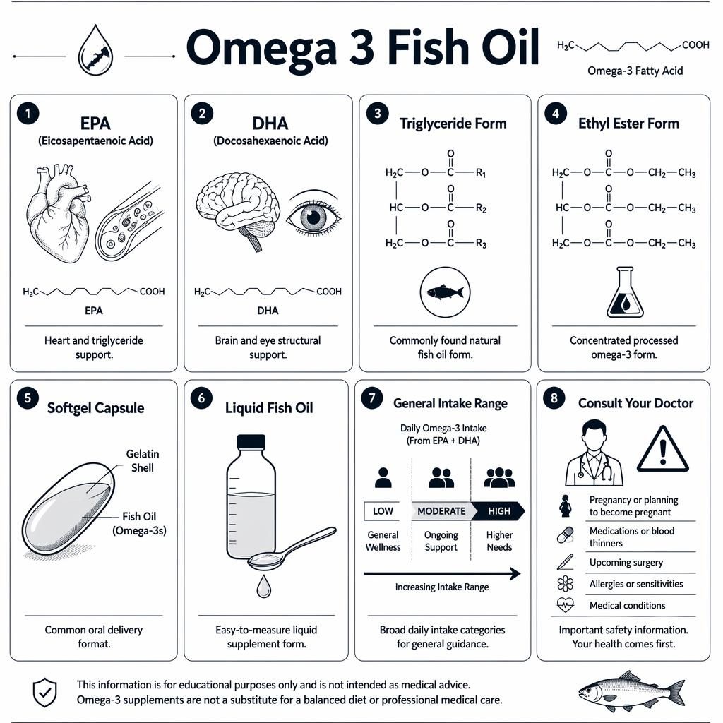 Minimalistická infografika s 8 kartami Omega 3 Fish Oil, ikonami EPA, DHA, kapsle, tekutiny, srdce, mozku a varování.