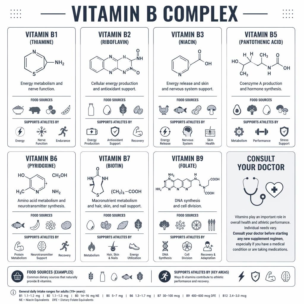 Infographie en grille monochrome sur le complexe vitaminique B avec 8 cartes, icônes géométriques, textes en anglais et encart médecin.