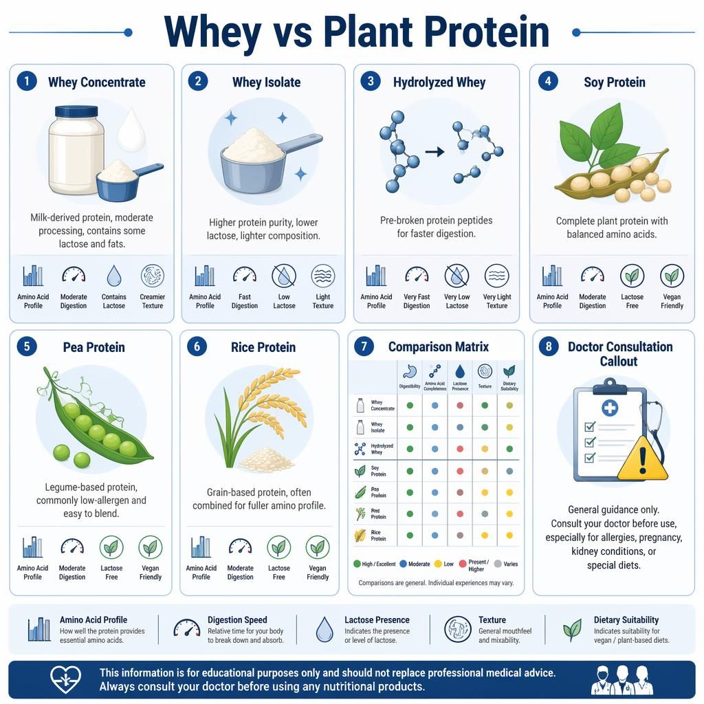 Čistá modrobílá infografika s mřížkou 8 karet porovnává whey a rostlinné proteiny pomocí ikon a diagramů.