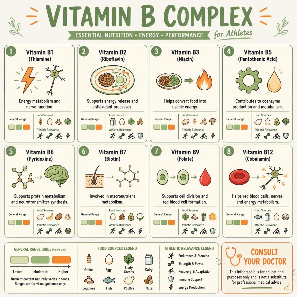 Infographie en grille de 8 cartes sur le complexe vitamine B, style sketchnote vert sauge et orange, avec note Consult your doctor.