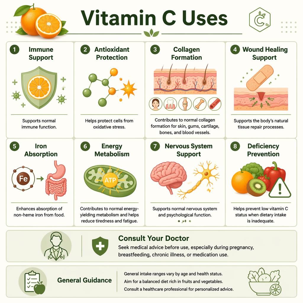 Infographie en grille de 8 cartes sur les usages de la vitamine C, palette sauge et orange, avec encadré consulter votre médecin.