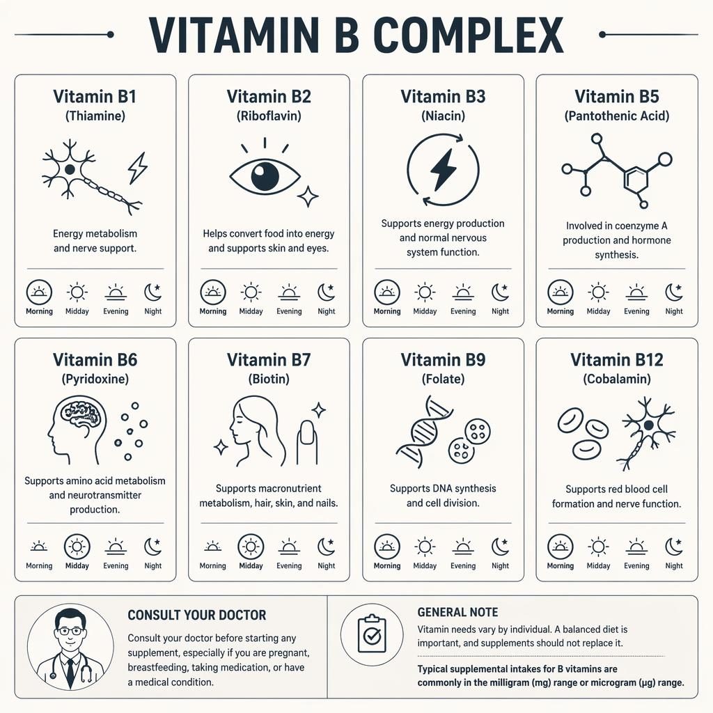 Minimal monochrome Vitamin B Complex infographic with 8 uniform cards, icons, timing symbols, and a consult your doctor note.