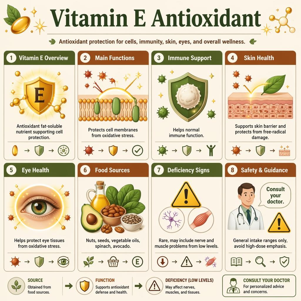 Editorial-style infographic grid with 8 Vitamin E cards, icons for functions, food sources, deficiency signs, and doctor guidance.