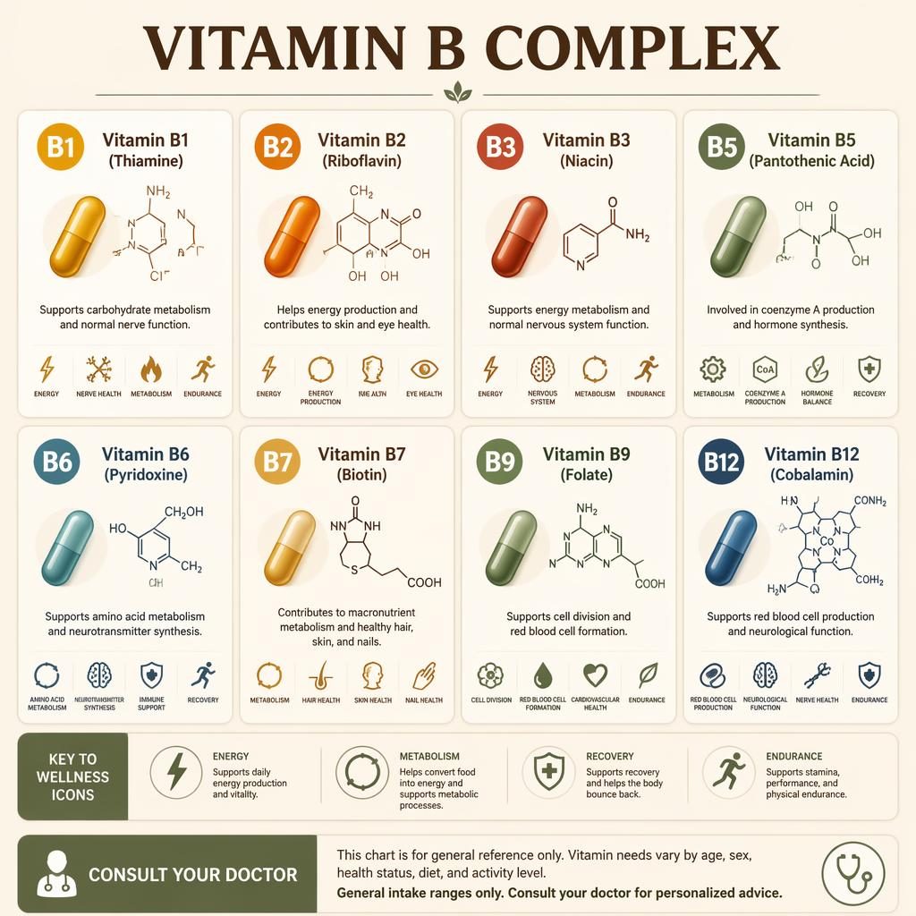 Infographie en grille de 8 cartes sur le complexe vitamine B, style pharmacie clinique, avec icônes, capsules et légendes en anglais.