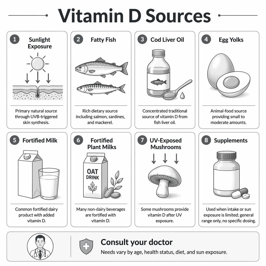 Čistá šedotónová infografika s mřížkou 8 karet zdrojů vitaminu D a panelem Konzultujte svého lékaře.