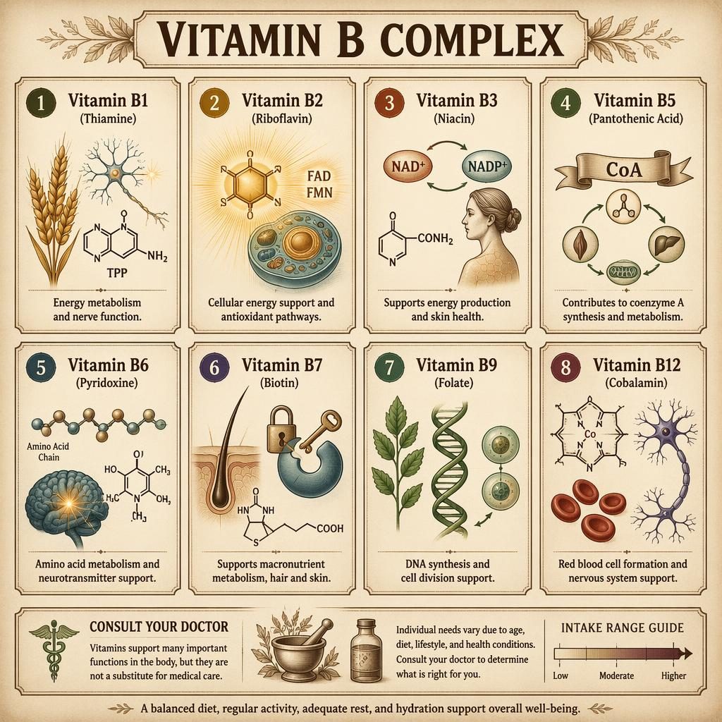 Infographie en grille de 8 cartes sur le complexe vitamine B, style apothicaire vintage, tons terre et icônes éditoriales.