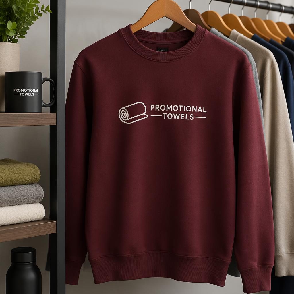 Studio product mockup of a burgundy phone case with a centered promotional towels logo on a clean rack display