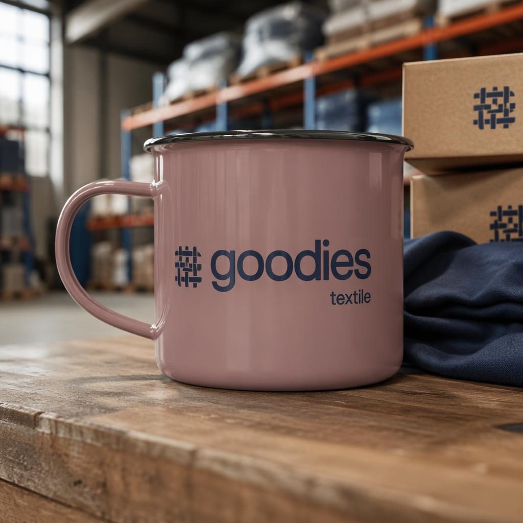 Mug émaillé rose poudré avec logo goodies textile en grand, décor entrepôt industriel, lumière studio nette.