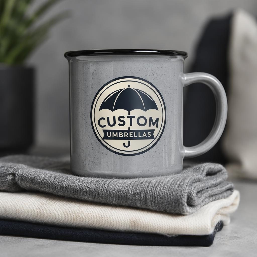 Heather gray enamel mug mockup with custom umbrellas logo on the back, navy and cream print, studio product photo