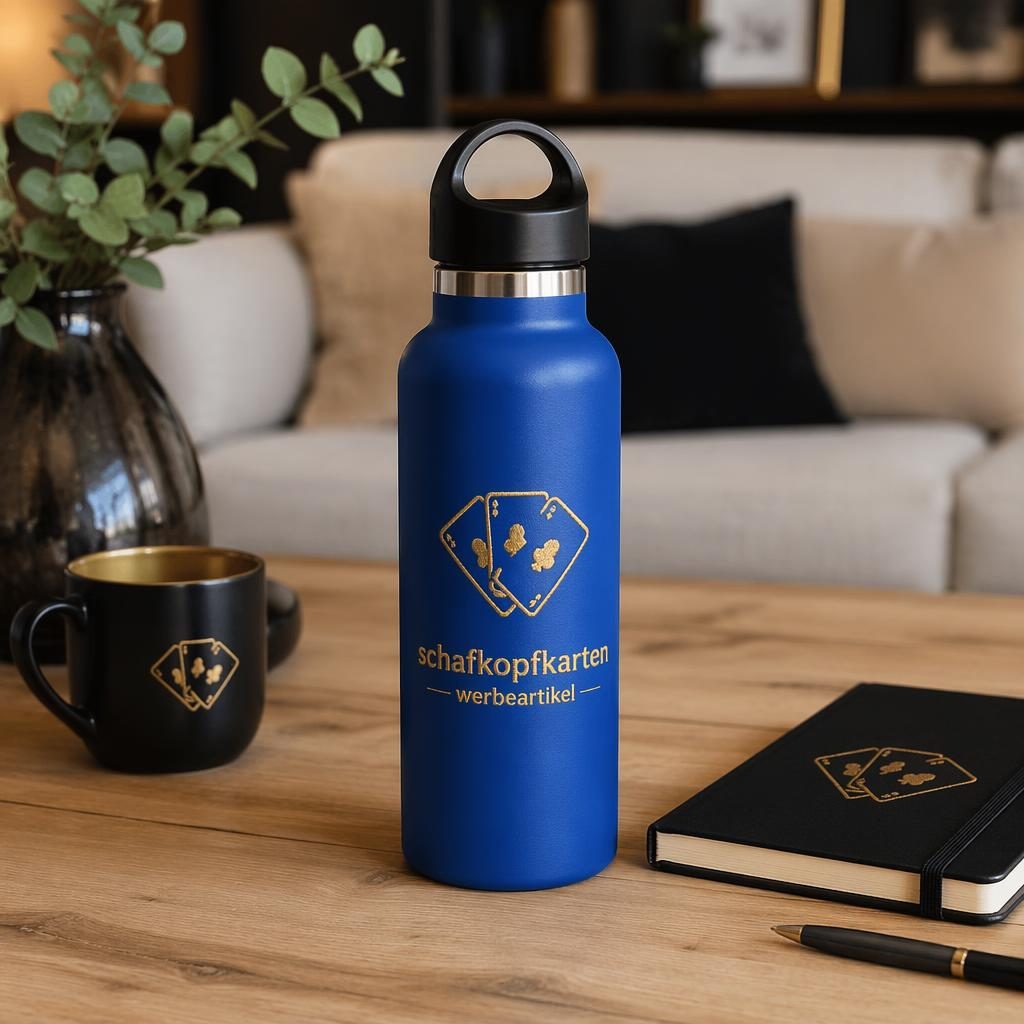 Royalblaue Trinkflasche als realistisches Merch-Mockup im Cozy-Home-Stil mit schwarzem Gold-Logo und Studio-Licht