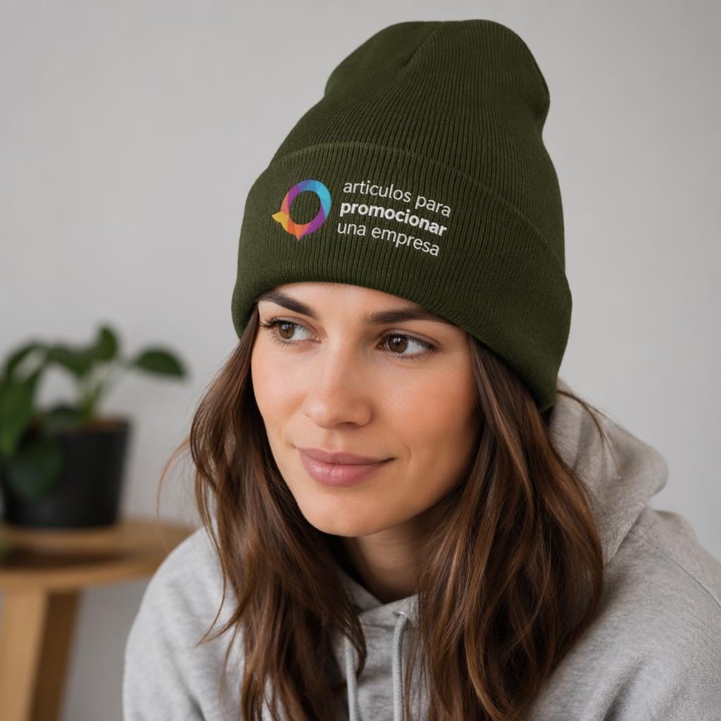 Modelo con gorro verde oliva bordado con logo tipográfico genérico en degradado, foto de estudio en primer plano