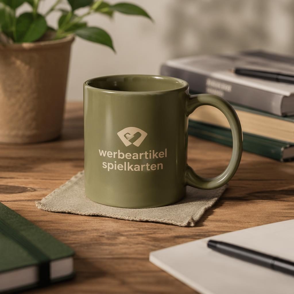 Olivegrüne Keramiktasse im Desk-Lifestyle-Setup mit Sleeve und werbeartikel spielkarten Logo in Erdtönen