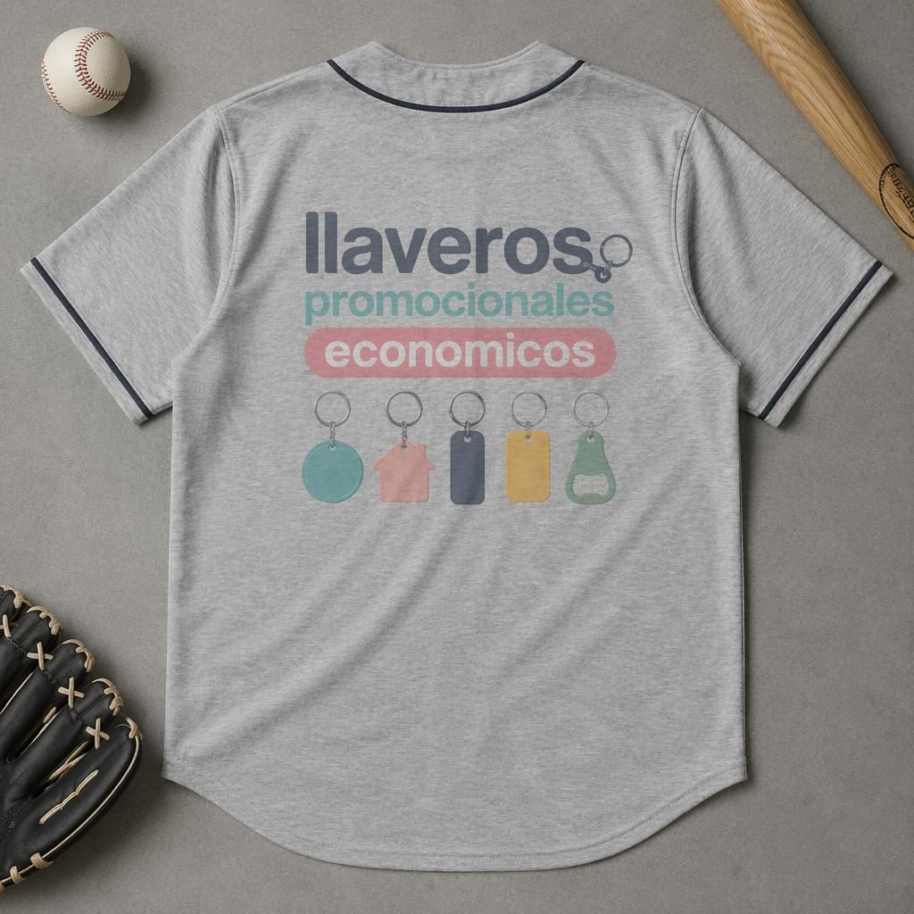 Jersey de béisbol gris jaspeado en flat lay de estudio, vista trasera completa con logo tipográfico pastel.