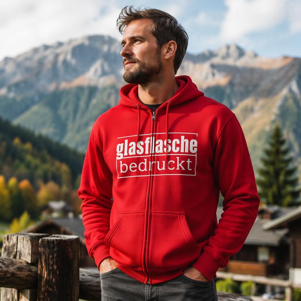 Fotorealistischer roter Zip-Hoodie im Outdoor-Lifestyle-Setup mit großem weißem glasflasche bedruckt Print