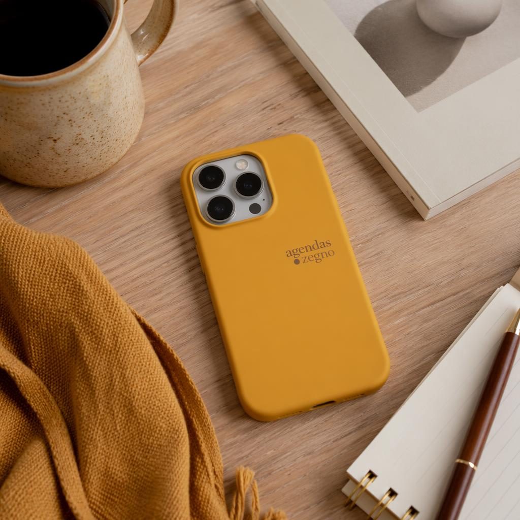 Funda de móvil color mostaza en escena de escritorio cálida, con logo agendas zegno y accesorios de papelería.