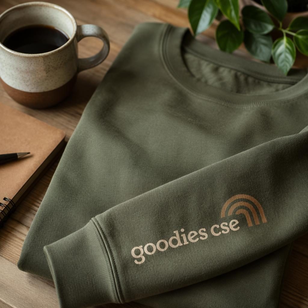 Sweatshirt vert olive avec logo goodies cse sur la manche, posé dans une scène de bureau lifestyle aux tons chauds.