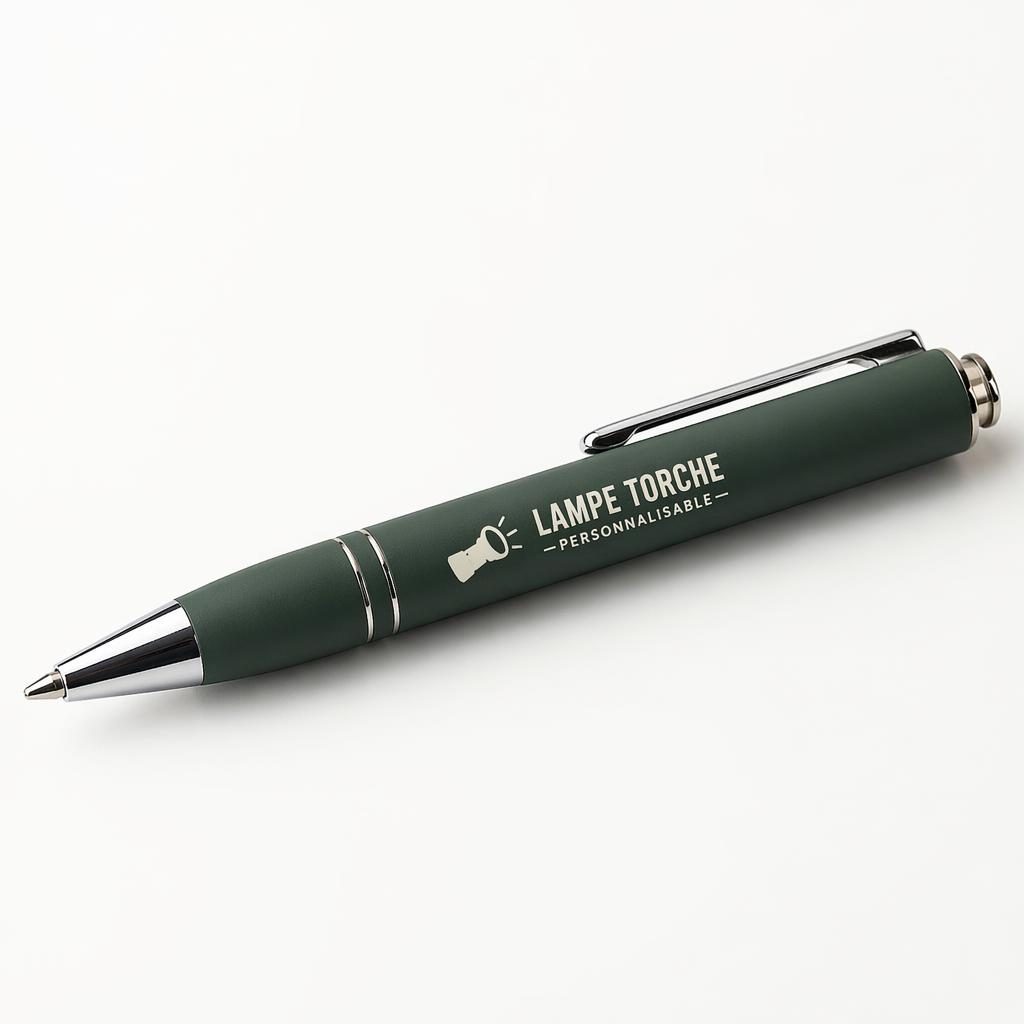 Mockup photo réaliste d’un stylo vert forêt sur fond blanc minimaliste avec logo ivoire et sauge en enroulement.