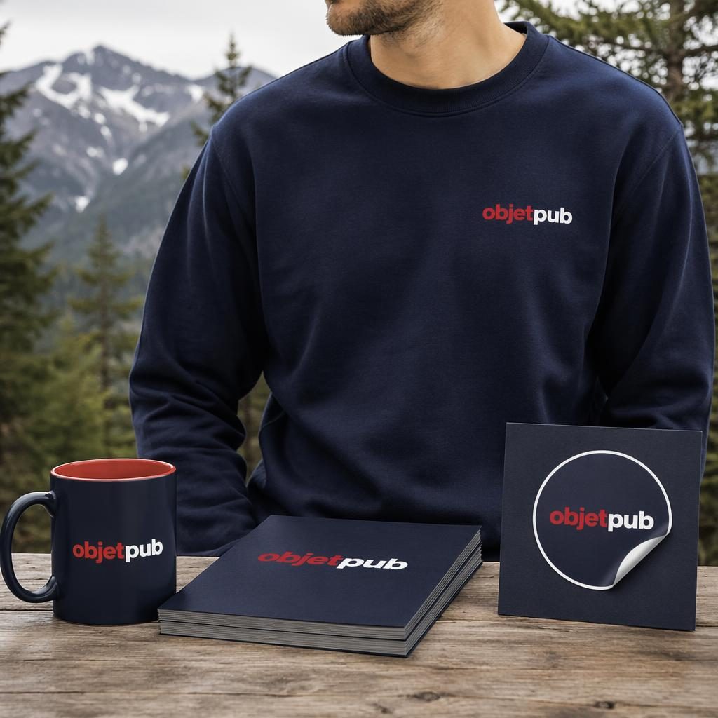 Mockup photo réaliste d’un sticker pack marine avec logo objetpub rouge et blanc, style lifestyle en extérieur