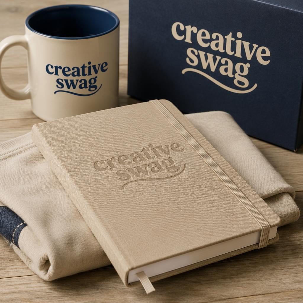 Photoreal beige sand notebook mockup in a folded stack with subtle tone-on-tone creative swag logo, studio shot