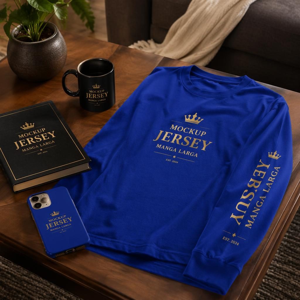 Funda de teléfono azul real en escena hogareña acogedora, con logo genérico negro y dorado estilo mockup jersey manga larga.