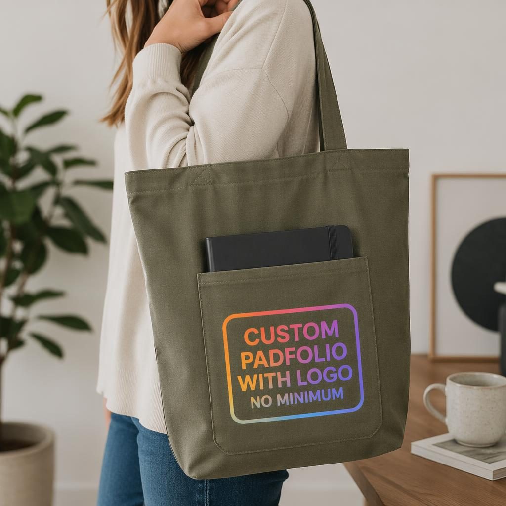 Model wearing an olive green tote bag mockup with a vibrant gradient placeholder logo in a clean studio setting.