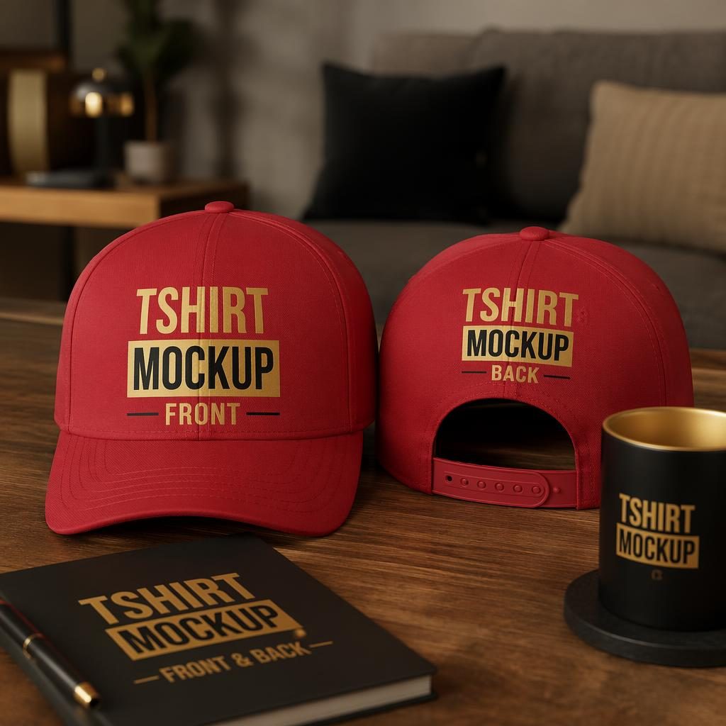 Photoreal red cap mockup with large placeholder logo, cozy home setting, black and gold branding, sharp fabric detail.
