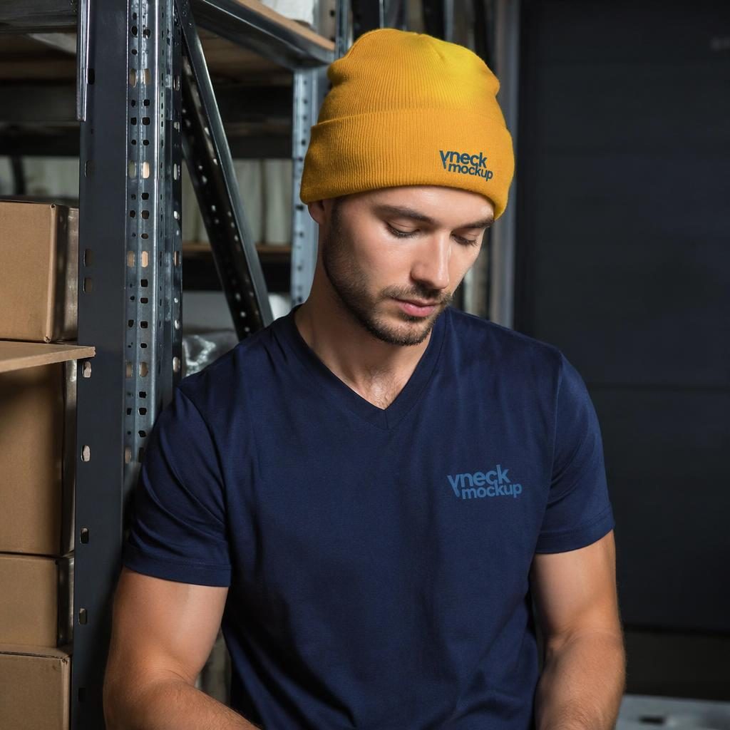 Photo-real mustard yellow beanie mockup with small tech blue vneck mockup logo in an industrial warehouse studio.