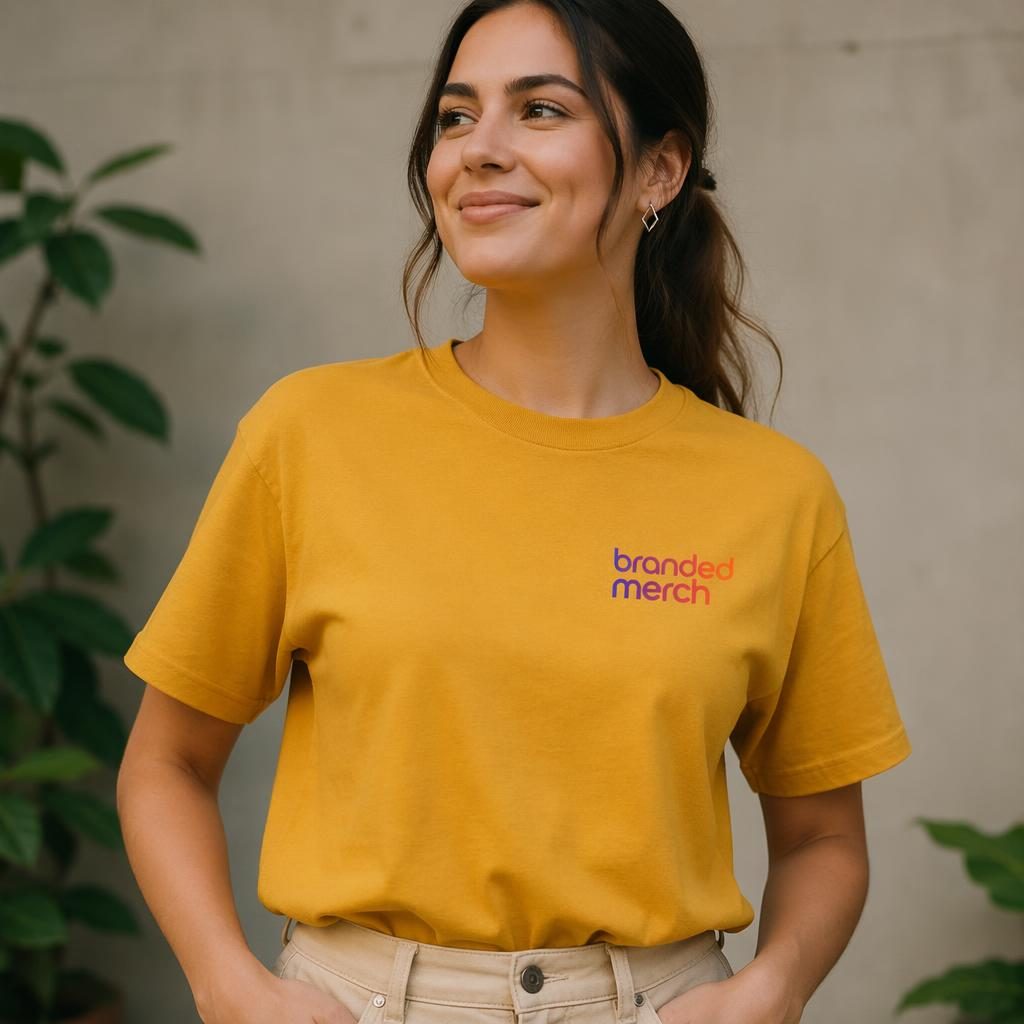 Photo-real mockup of a mustard yellow keychain on model, with a small branded merch logo and vibrant gradient palette.