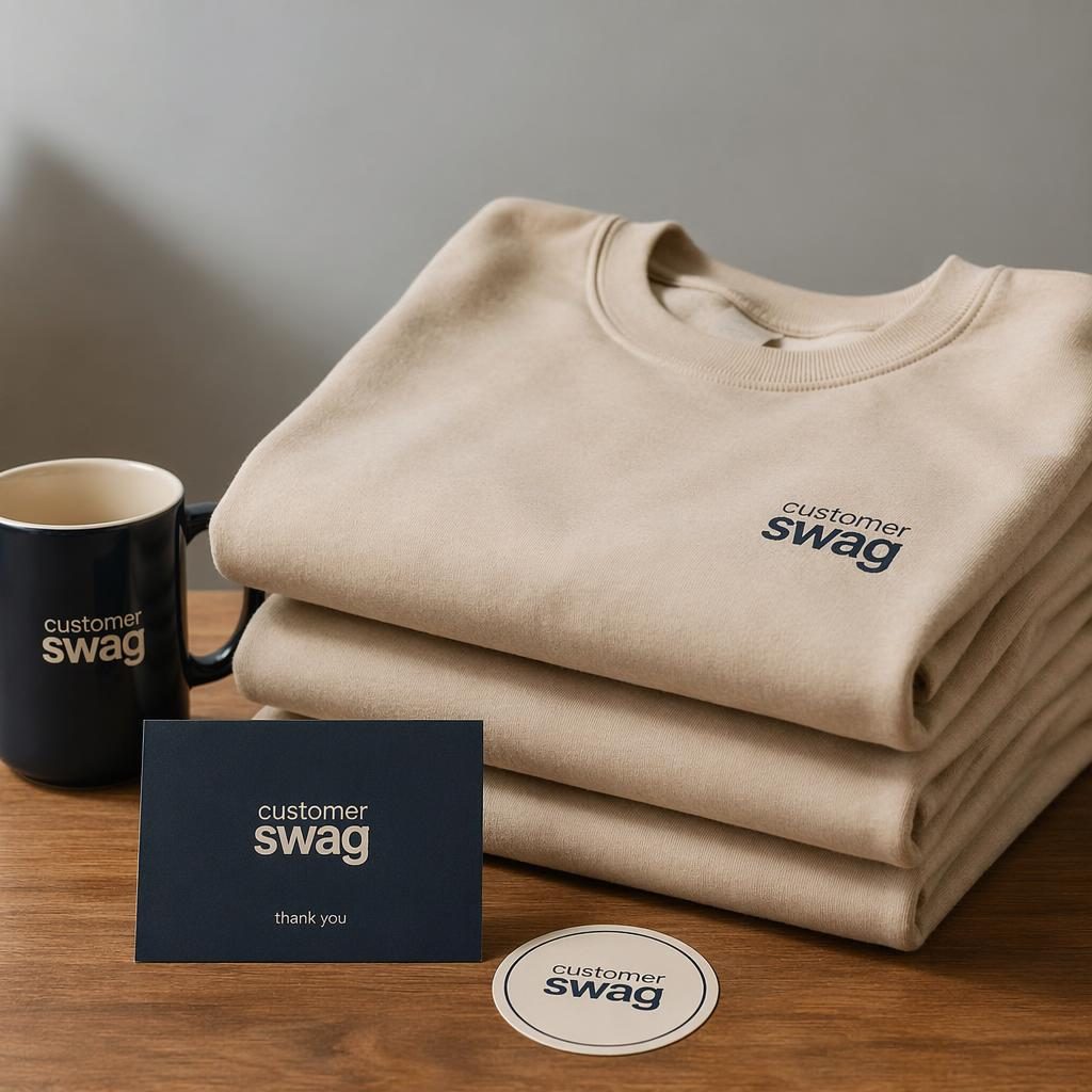 Photo-real beige sand sticker pack mockup in a folded stack with a small customer swag logo, navy and cream palette