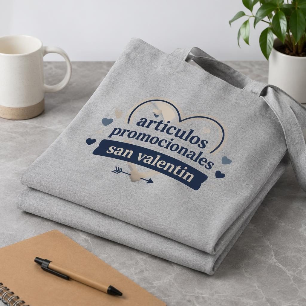 Mockup fotorealista de tote bag gris jaspeado doblada, con logo genérico al reverso en azul marino y crema.